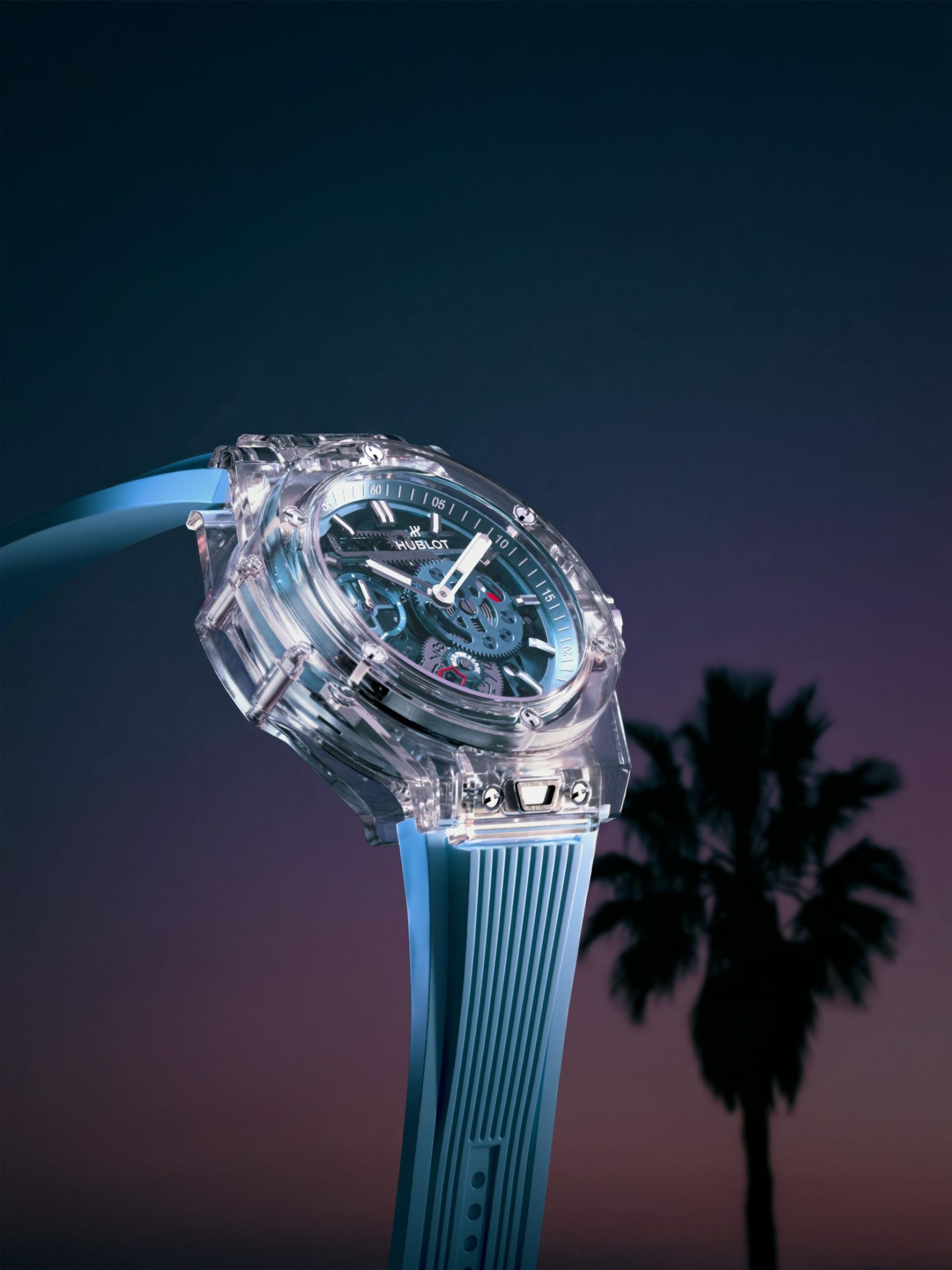 The 44mm timepiece makes a bold statement with a case and bezel crafted from polished sapphire crystal