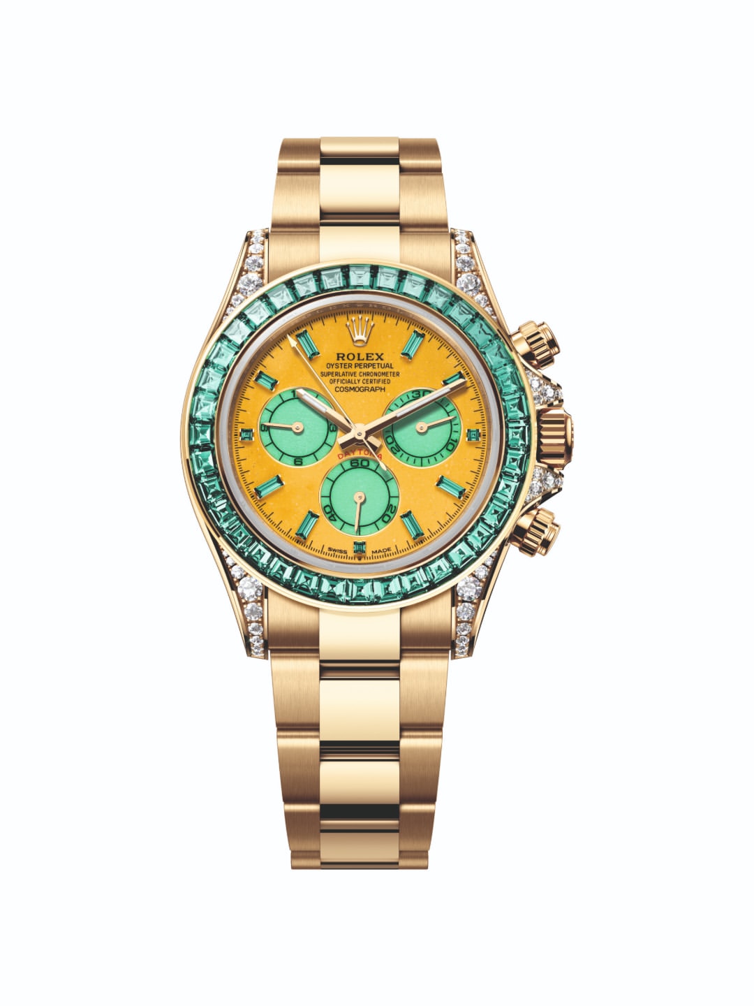 Its 18 ct yellow gold case frames a dial made from mookaite