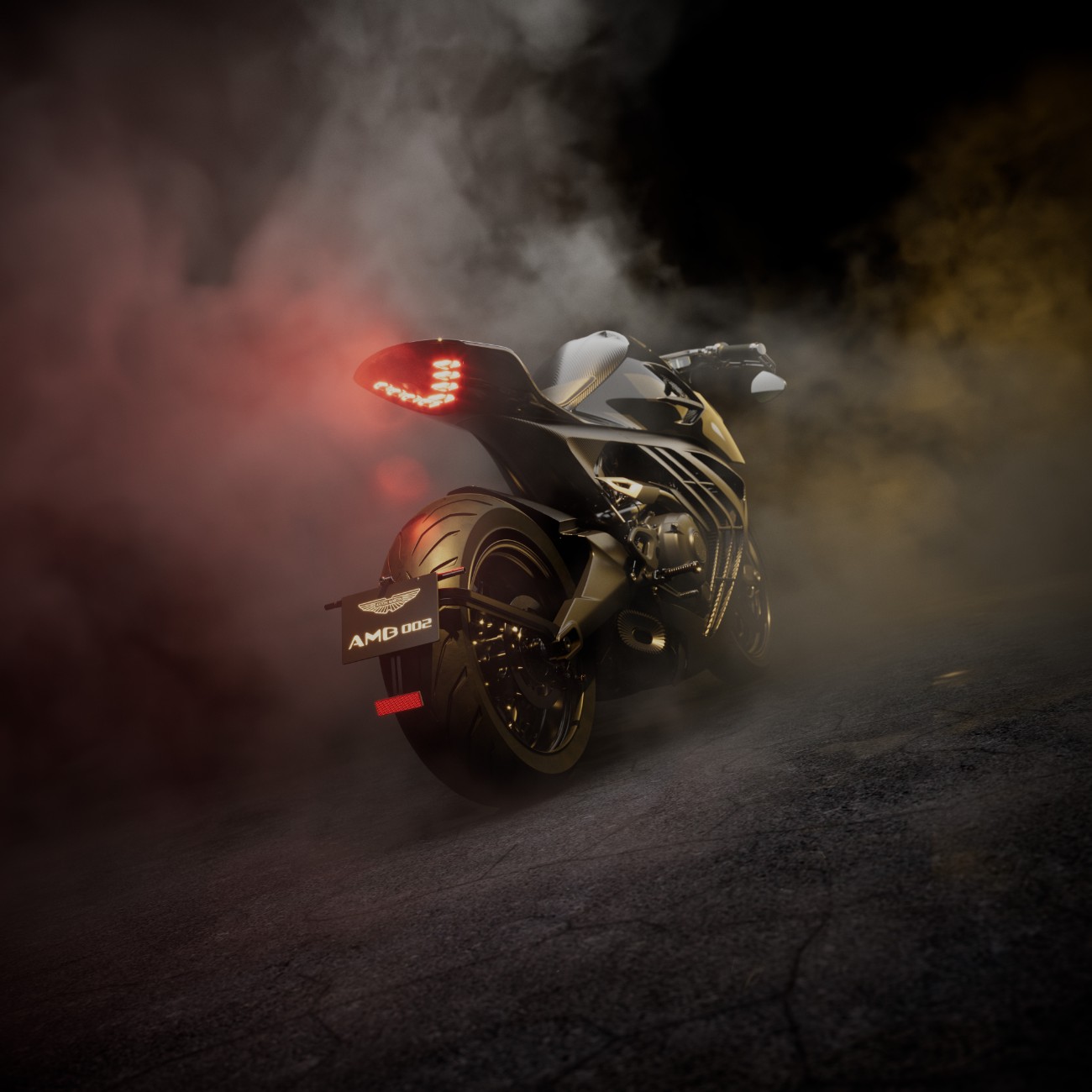 The AMB 002 uses a titanium structure milled from a solid billet, forming the backbone of the motorcycle