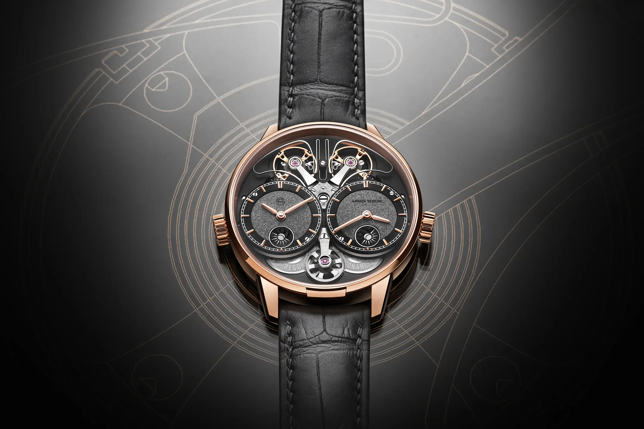 The Armin Strom Dual Time GMT Resonance Rose Gold introduces its distinctive architecture