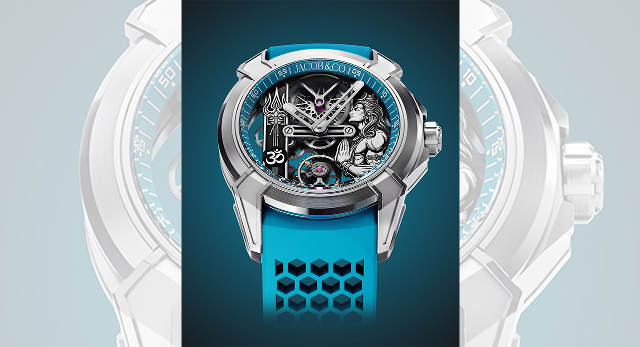 Jacob & Co. brings Lord Shiva, his trident and the sound of the damru into a 44mm titanium skeleton watch, glowing blue in the dark