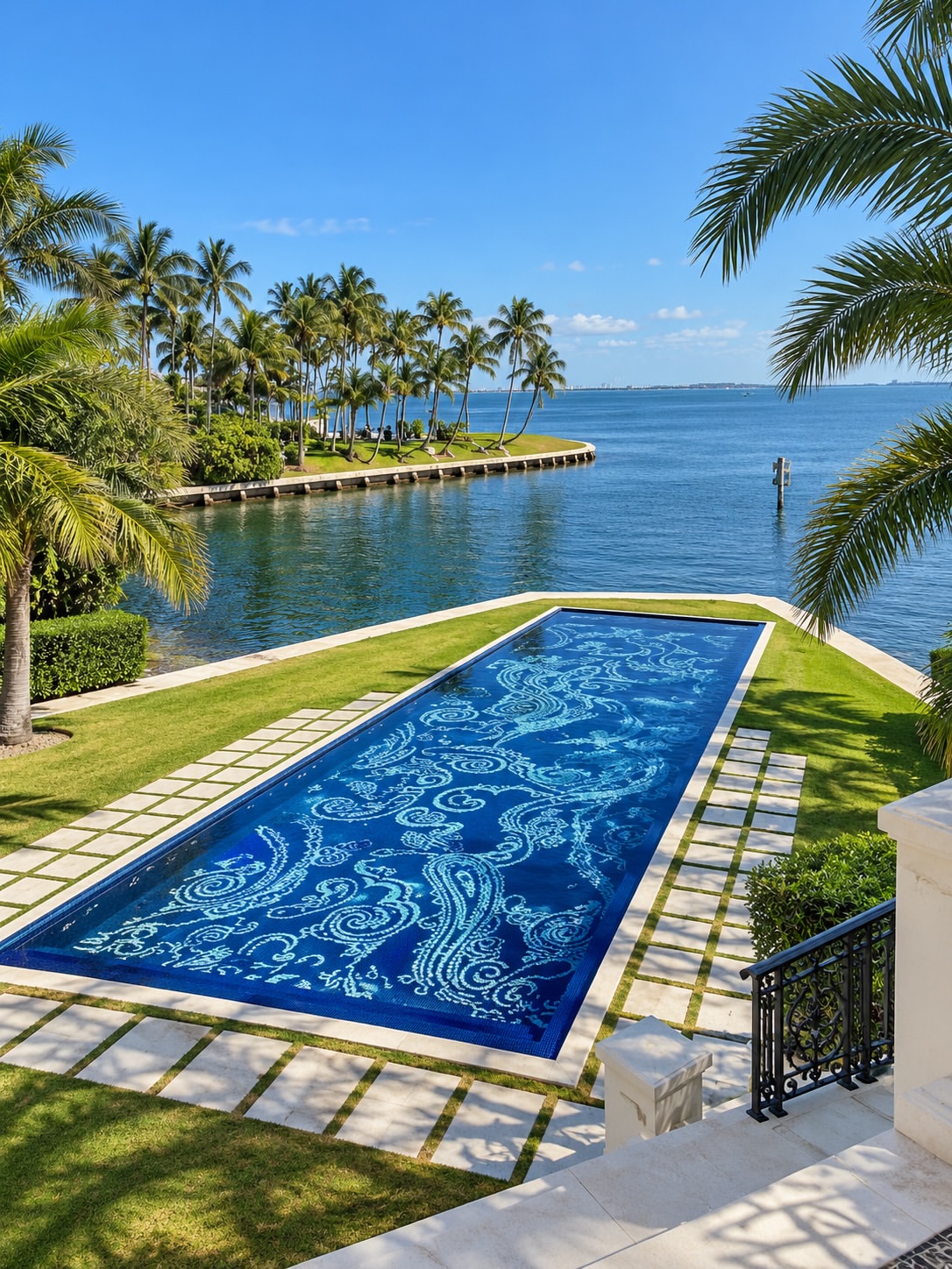 Outside, the estate's showpiece is a 62-foot infinity pool, finished with an intricate mosaic design that catches the light along