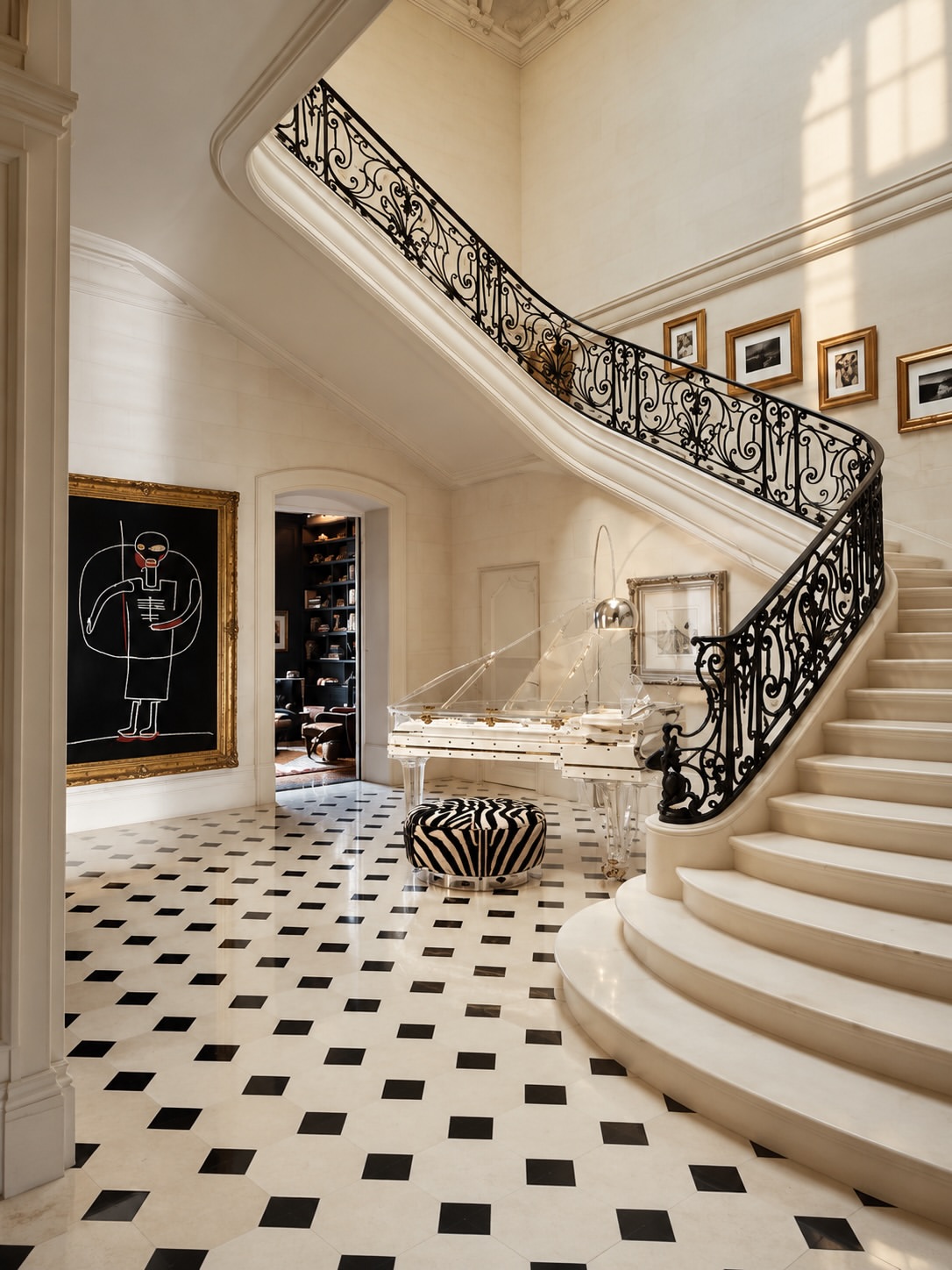 The 1920s architecture provides the mansion's formal backbone: a sweeping entry staircase