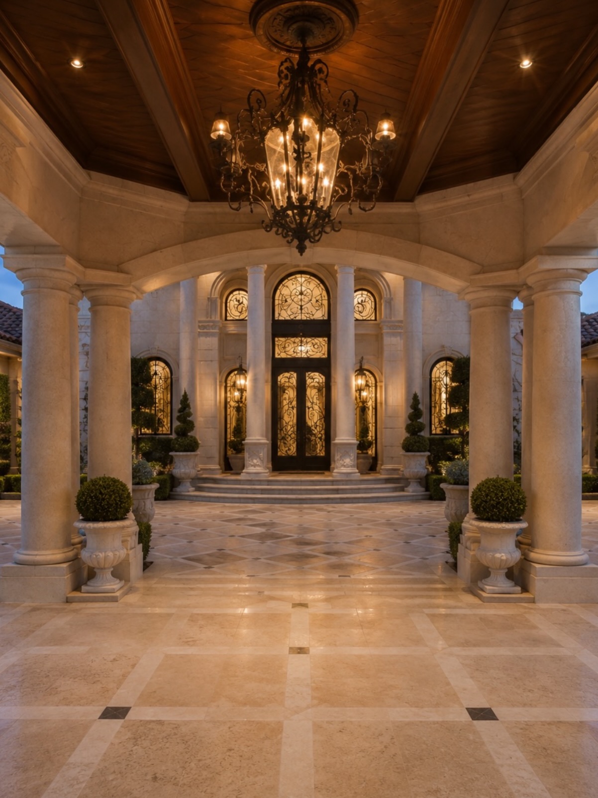 The mansion's architectural language favours theatricality. An indoor fountain provides a striking focal point