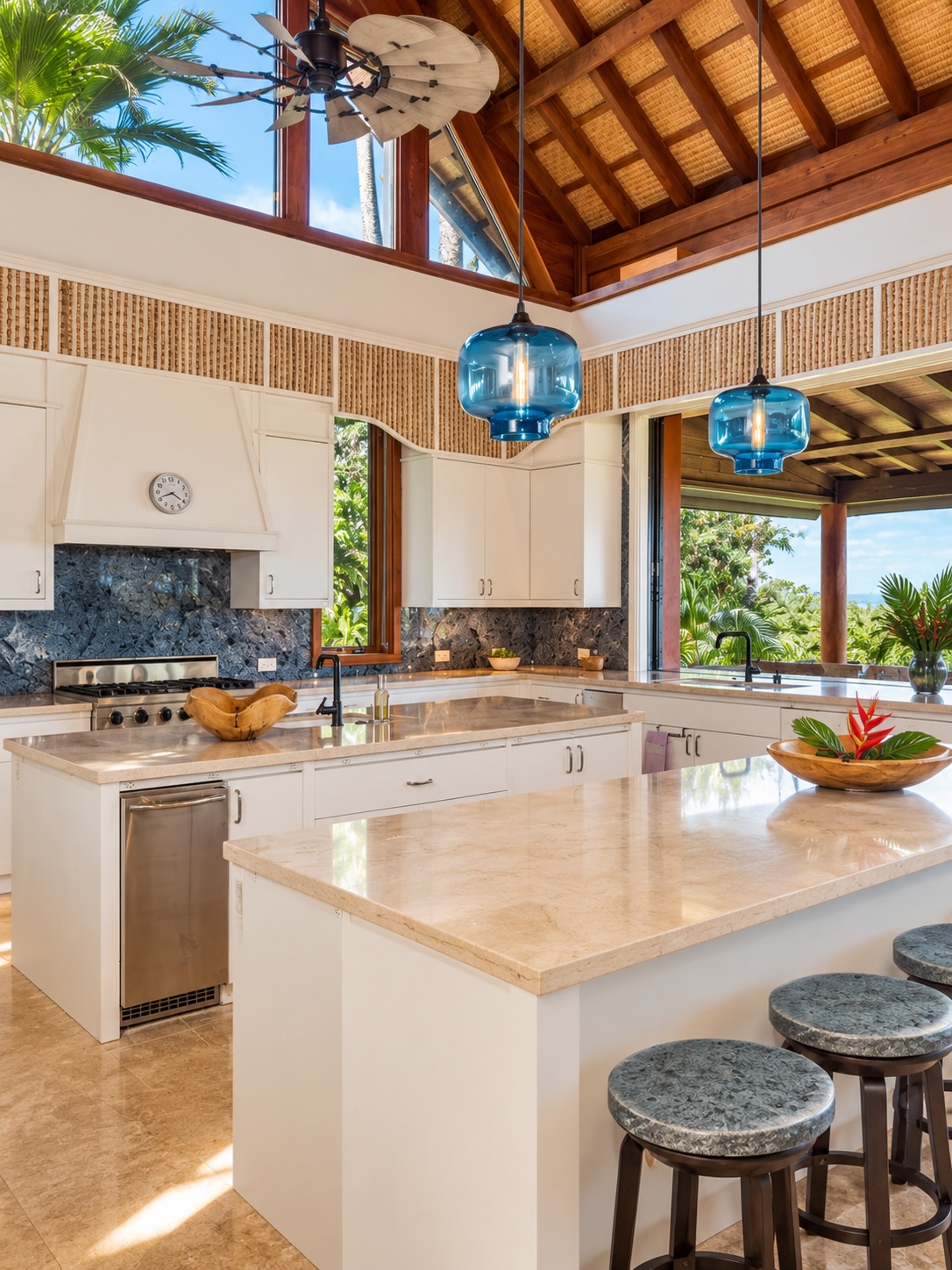 The main residence was designed by Ike Kligerman Barkley, with a style that draws on tropical materials and the relaxed rhythms of