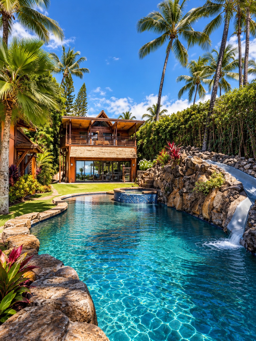The grounds bring a distinctly resort like dimension to the estate. A freeform swimming pool winds