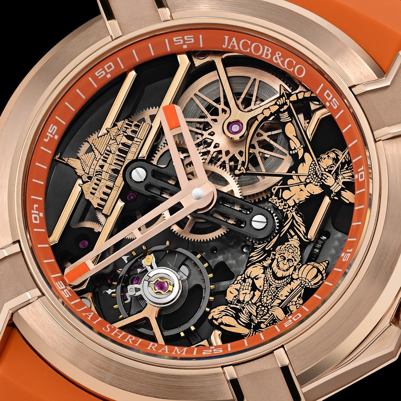 Powering the timepiece is the JCAM02, a hand wound skeleton calibre made for Jacob & Co.