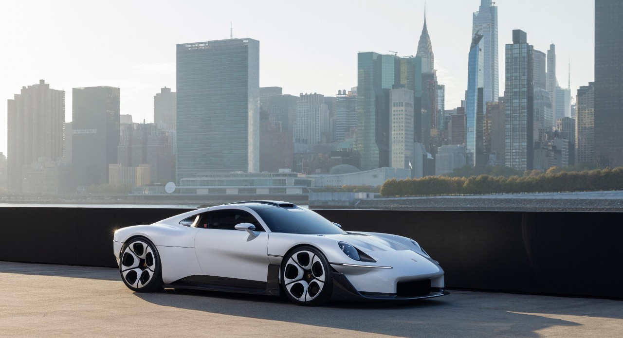 Porsche’s Mission S concept previews a new mid-engined super sports car platform above the 911, revealed in Queens, New York, 73 years after the 550 Spyder