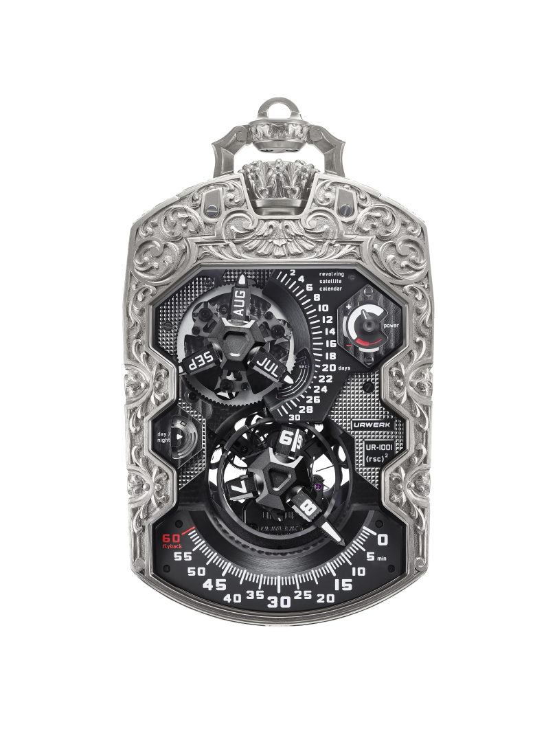 The URWERK UR 1001 Amadeus features an imposing hand engraved titanium case measuring