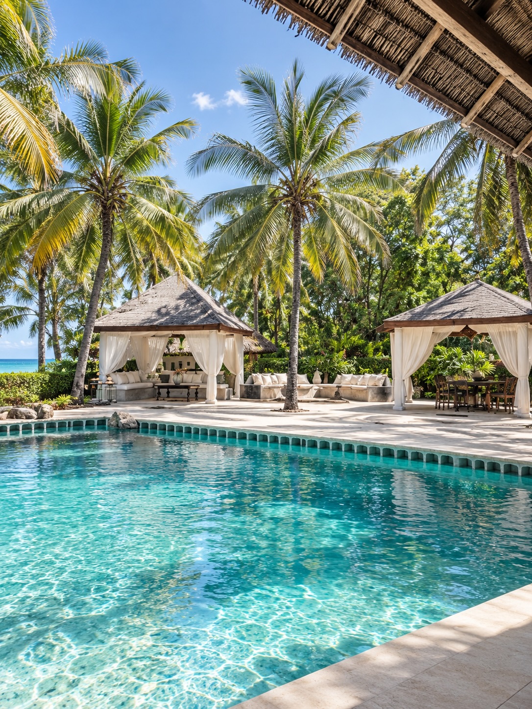 Water is central to the property’s character. There are four swimming pools, and one of them is a showstopper: