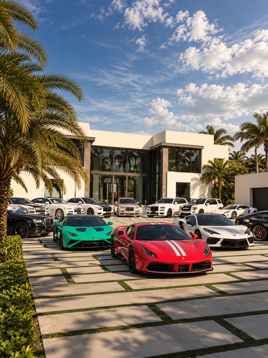 Outside, the statement continues. A driveway full of supercars leads to the entrance