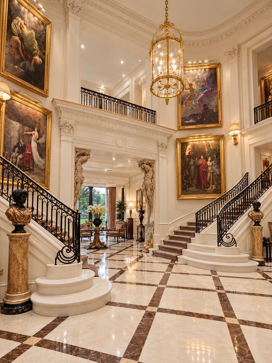 The drama begins at the entrance. Sweeping staircases curve through the home, the kind of architecture