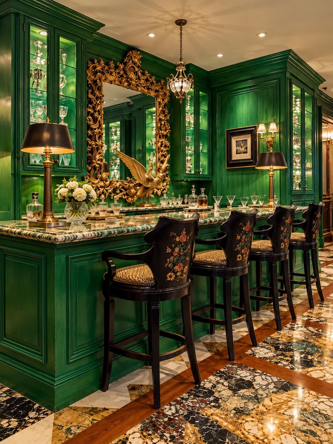 If one room deserves its own spotlight, it is the emerald green bar. After all the elegance of marble,