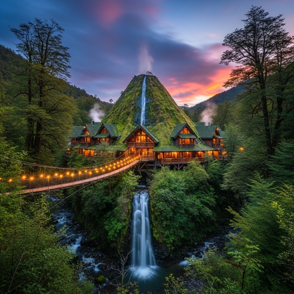 In the ancient forests of Patagonia’s Huilo Huilo Biological Reserve, a lodge in the form of a volcano